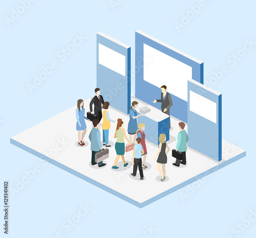 Isometric flat 3D concept vector exhibition or promotion stand.