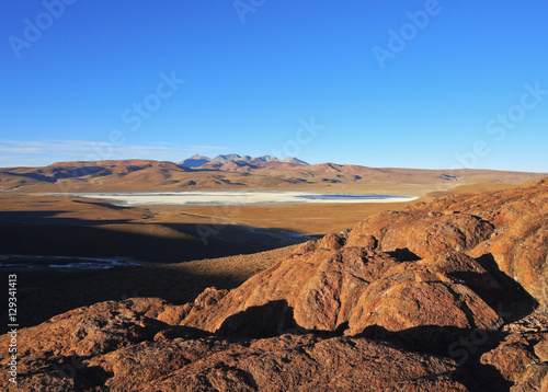 Bolivia, Potosi Department, Sur Lipez Province, View towards Laguna Morejon. photo