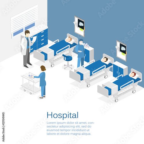 Isometric flat interior of hospital room. Doctors treating the patient.