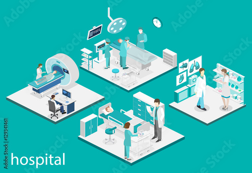 Isometric flat interior of hospital room, pharmacy, doctor's office, waiting , reception.