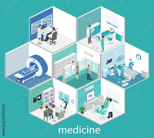 Isometric flat interior of hospital room, pharmacy, doctor's office,