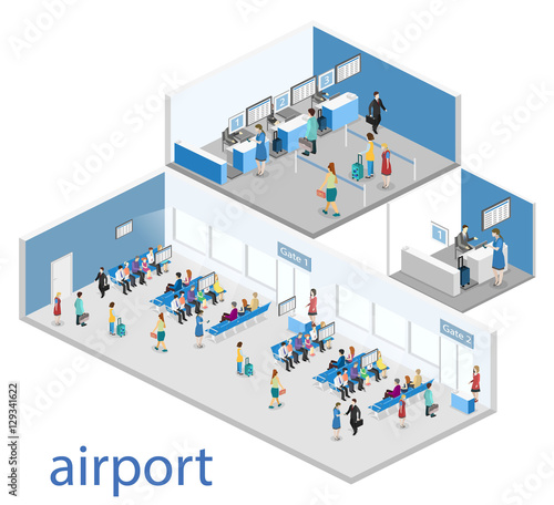 Isometric flat 3D concept vector interior of airport