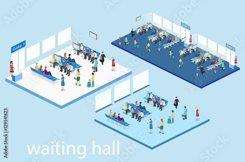 Isometric flat 3D vector interior of waiting room in airport .
