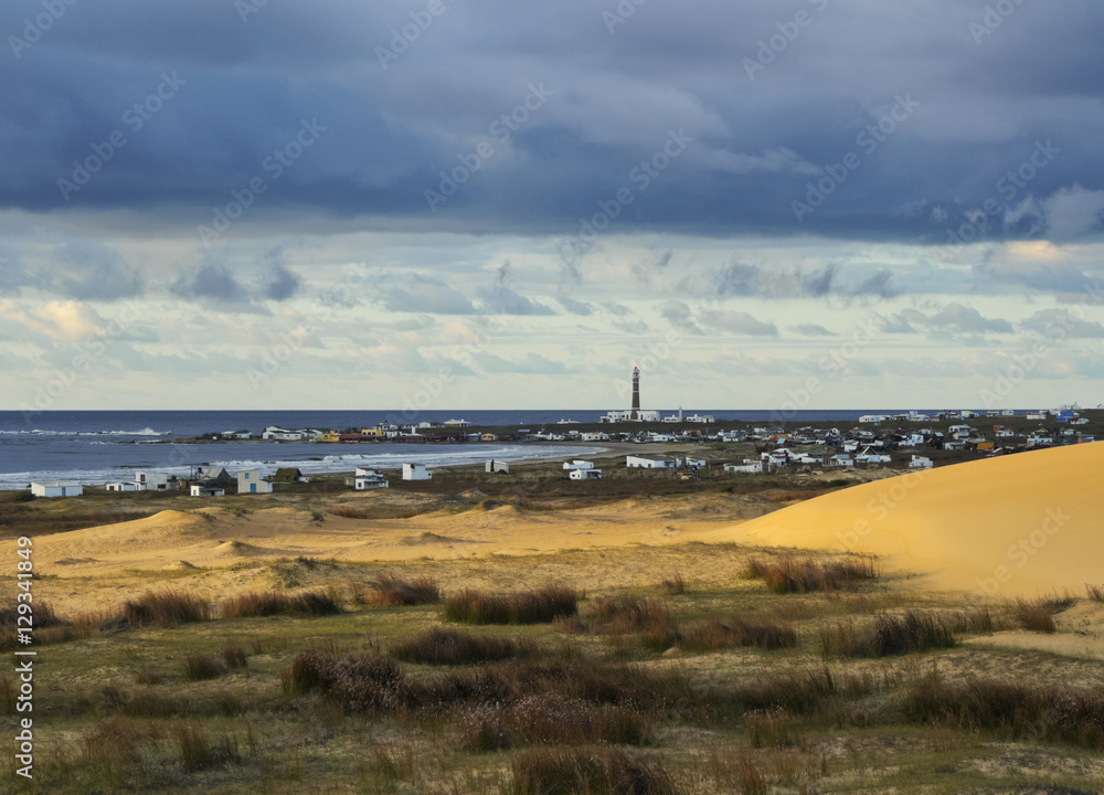 Uruguay, Rocha Department, Cabo Polonio, View from the dunes towards the hamlet. Uruguay, Rocha Department, Cabo Polonio, View from the dunes towards the hamlet.