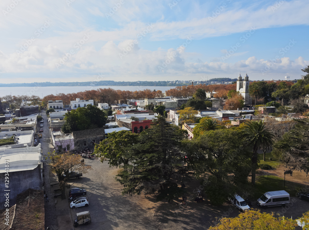 Uruguay, Colonia Department, Colonia del Sacramento, Elevated view of the historic quarter with characteristic building of the Basilica of the Holy Sacrament.