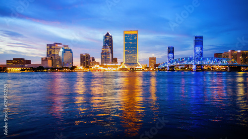 Jacksonville, Florida City Skyline at Night (logos blurred)