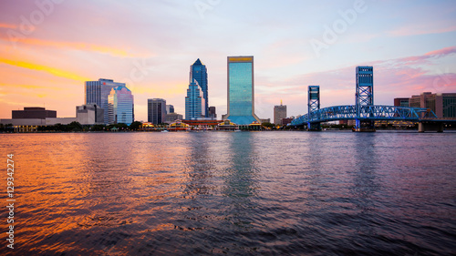Jacksonville, Florida City Skyline at Sunset (logos blurred) photo