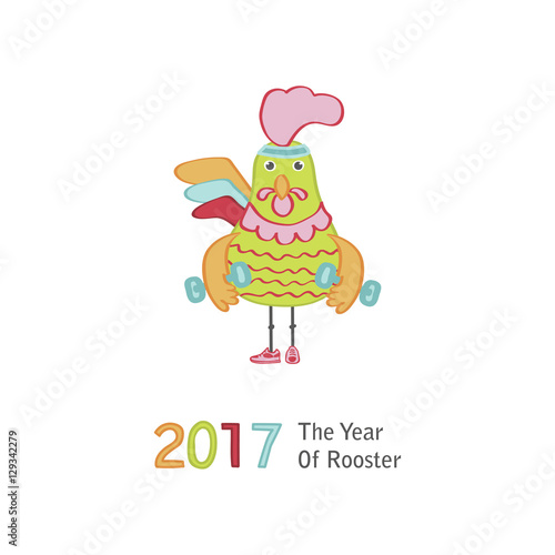 Cute cartoon rooster character illustration. Calendar template for creating a calendar with funny cocks. Symbol of 2017 Chinese New Year 