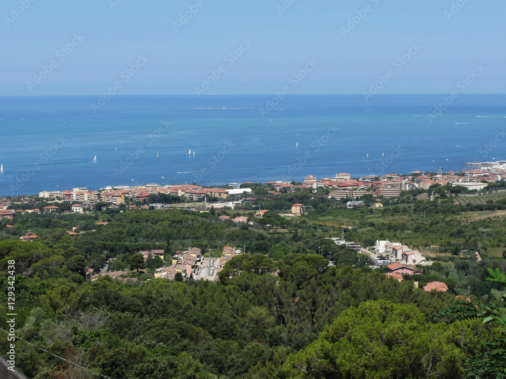 Spectacular aerial panorama of Livorno city made from the nearby hills of Montenero on sunny day, Tuscany Italy