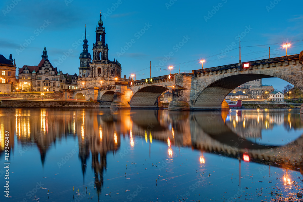 The famous Hofkirche and a bridge over the river Elbe in Dresden, Germany, at dawn
