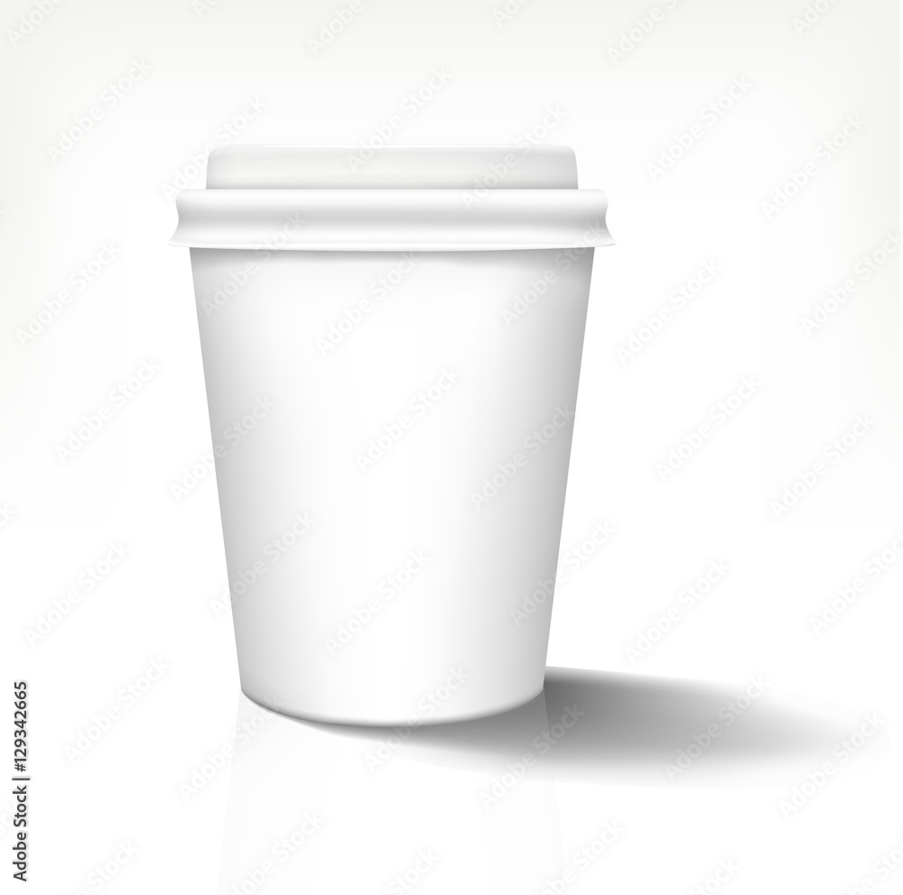 White realistic paper cup in front view with white cover. Vector illustration. Fully editable handmade mesh. Disposable paper cup used for advertising different drinks. White realistic paper cup in front view with white cover. Vector illustration. Fully editable handmade mesh. Disposable paper cup used for advertising different drinks.