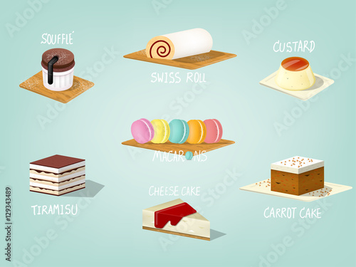 beautiful colorful graphic design illustration of popular sweet bakery cake, carrot cake,souffle cake, custard cake, tiramisu cake, swiss roll cake, cheese cake and macarons