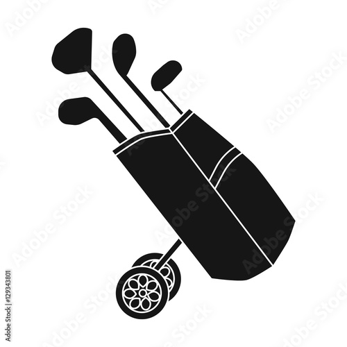 Golf bag on wheels with clubs icon in black style isolated on white background. Golf club symbol stock vector illustration.