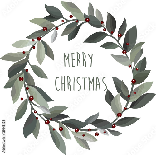 Stylish Christmas wreath with olive leaves,berries and hand drawn inscription Merry Christmas. Hand drawn vector illustration.