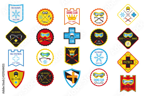 Colorful set of ski logos, ski patrol, rental, skiing club.