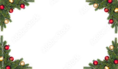 Corner Christmas fir branch with Christmas balls on a white background