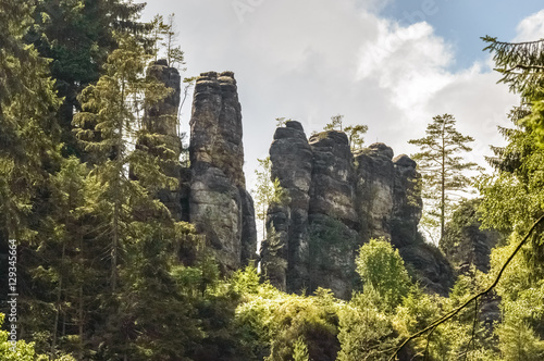 Tall rock formations seen through a dense forest