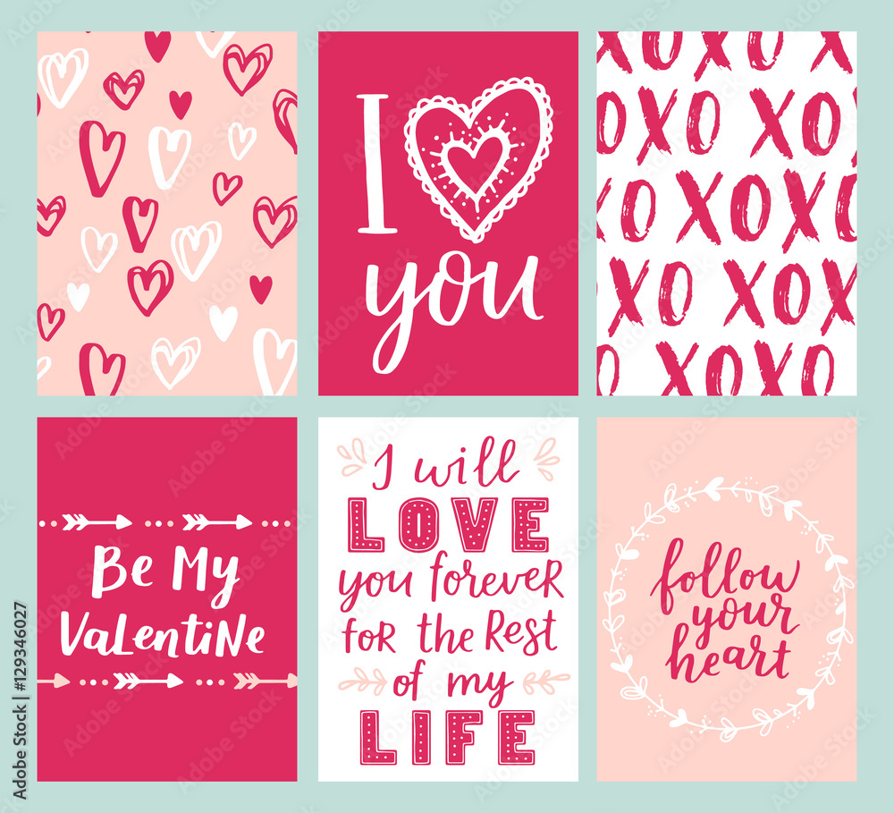 Set of greeting cards for Valentine's Day. Vector collection with brush lettering and hand written elements. Rose, pink and white color labels for your design and invitation.
