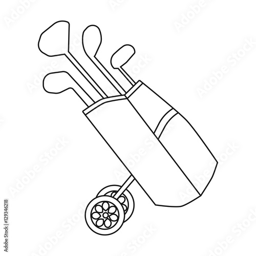 Golf bag on wheels with clubs icon in outline style isolated on white background. Golf club symbol stock vector illustration.