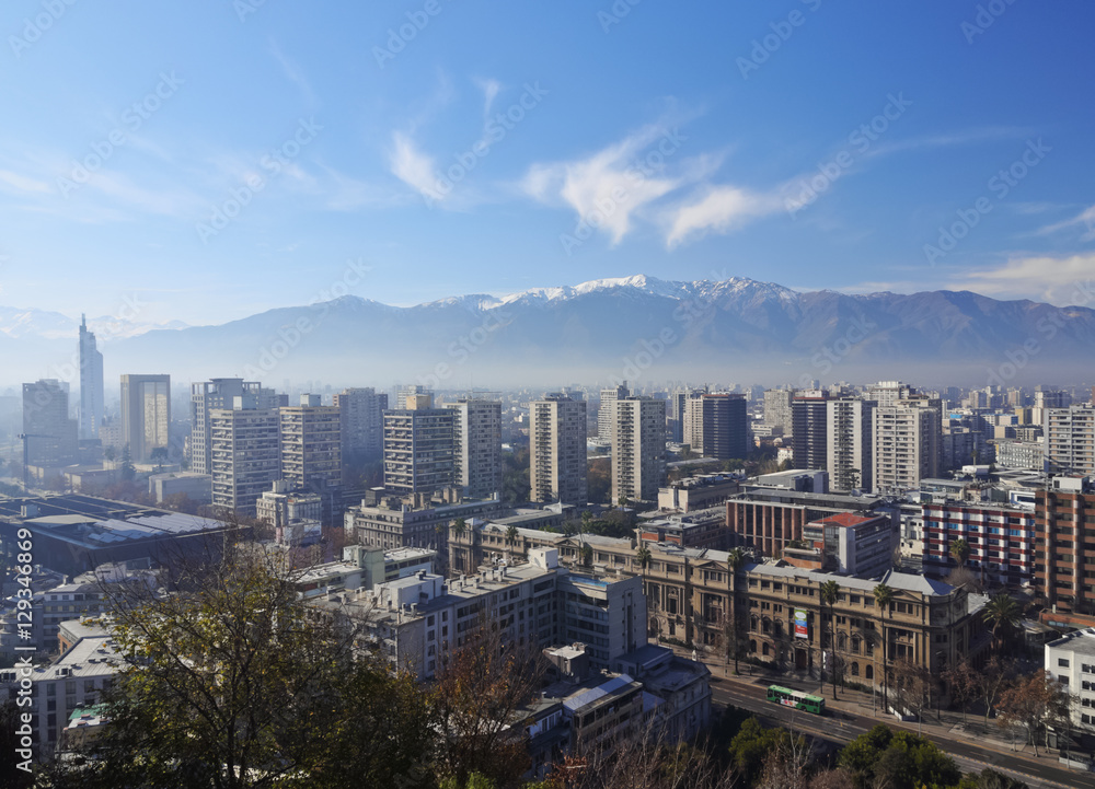 Chile, Santiago, Cityscape viewed from the Santa Lucia Hill.