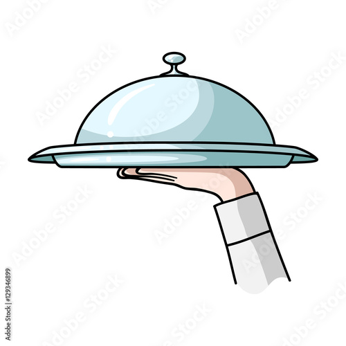 Waiter's hand holding a tray with cloche icon in cartoon style isolated on white background. Restaurant symbol stock vector illustration.