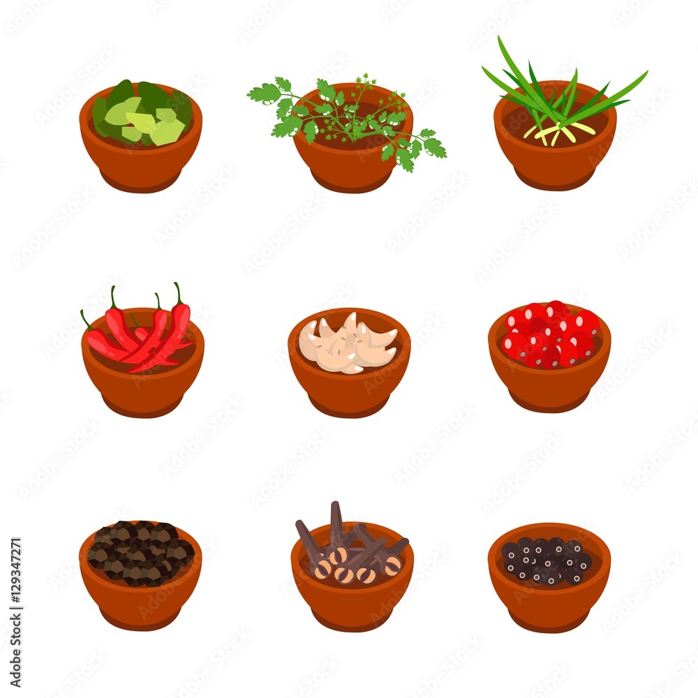 Isometric and cartoon style flavorful spices, condiments icon. Vector illustration. White background. Isometric and cartoon style flavorful spices, condiments icon. Vector illustration. White background.
