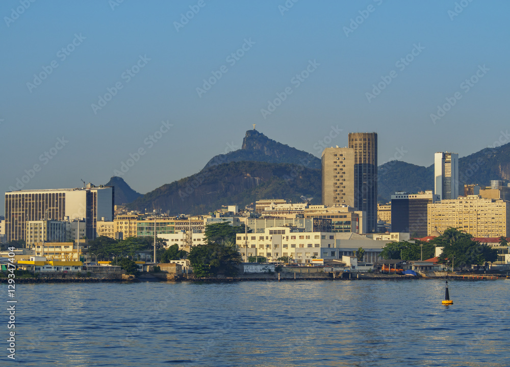 Brazil, City of Rio de Janeiro, View over Guanabara Bay towards Rio and Corcovado Mountain.