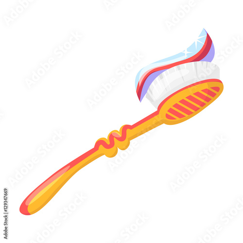 Toothbrush with toothpaste icon in cartoon style isolated on white background. Dental care symbol stock vector illustration.