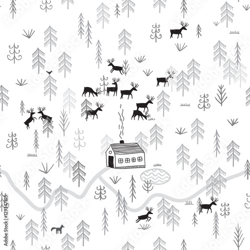 house in winter forest with deers seamless pattern