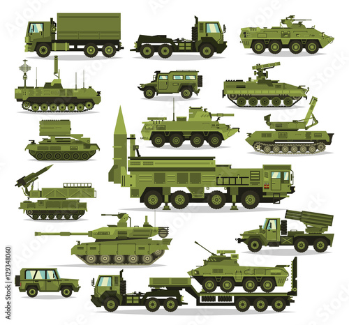 Big set of military equipment. Heavy, reservations and special transport. Equipment for the war. The missile, tanks, trucks, armored vehicles, artillery pieces. Isolated objects. Vector illustration
