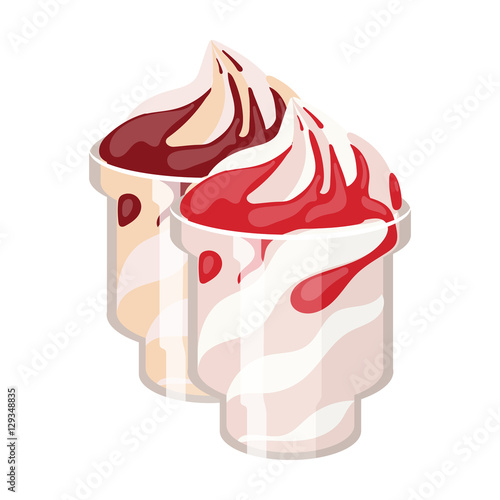 Frozen yogurt with syrup in cups icon in cartoon style isolated on white background. Milk product and sweet symbol stock vector illustration.
