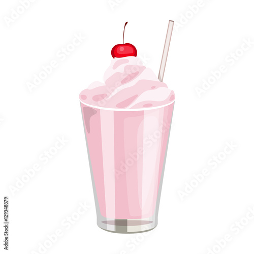 Milkshake with cherry on the top icon in cartoon style isolated on white background. Milk product and sweet symbol stock vector illustration.