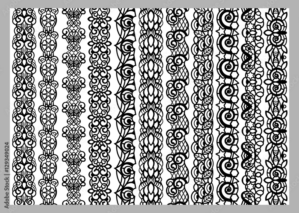 Set of eleven seamless endless decorative lines. Indian Henna Border decoration elements patterns in black and white colors.  Could be used as divider, frame, etc. Vector illustrations.