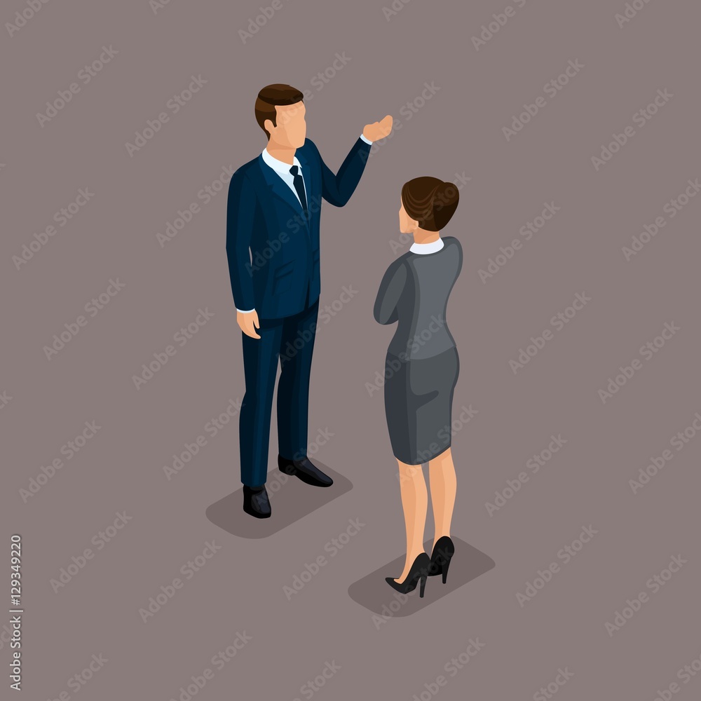 People Isometric 3D, isometric businessman and business woman, business clothes. Concept discussion, brainstorming isolated on a dark background of a noble People Isometric 3D, isometric businessman and business woman, business clothes. Concept discussion, brainstorming isolated on a dark background of a noble