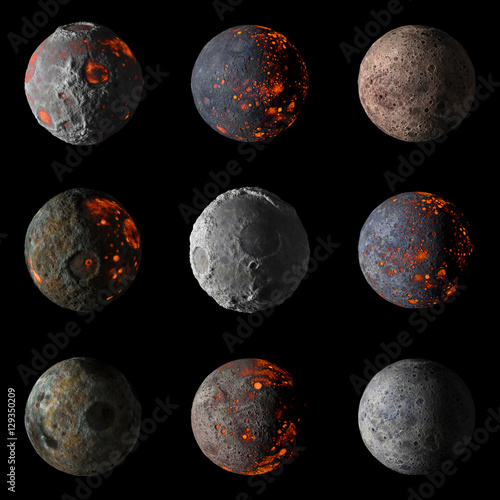 Canvas Print Set of Alien hot planets on black background 3d rendering.