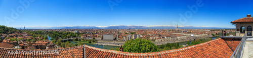 Turin, Piedmont, Italy, view of Turin, the Po and the snow-capped Alps, from the lookout Mount of the Capuchins, panorama.
