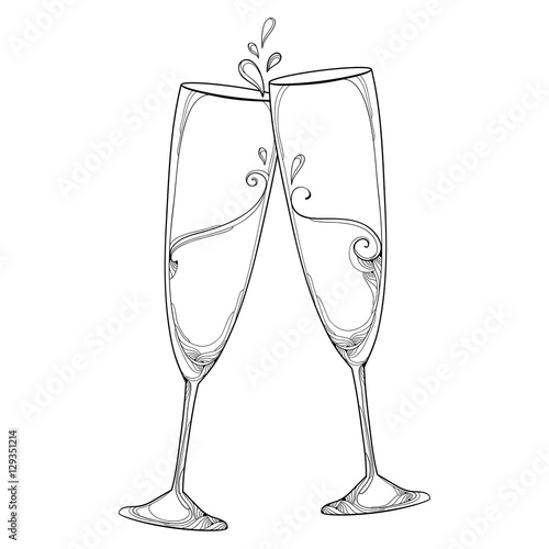 Vector illustration with two contour champagne glasses or flute in black isolated on white background. Outline glass for wine and winery in linear style for holiday design and coloring book.
