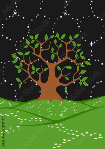 Tree in a field under the stars The picture shows a honeycomb structure of the universe. The file has 5 layers: sky, stars, earth, flowers, trees.