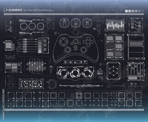 set of black and white infographic elements. Head-up display game elements for the web and app. Futuristic user interface. Virtual graphic.