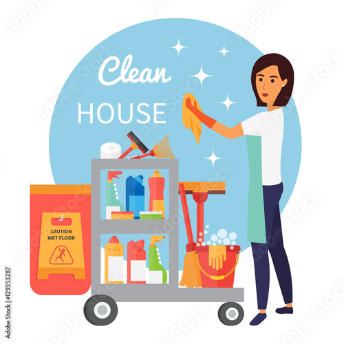 Cleaning service staff, janitor with trolley full of supplies and household equipment tools. Vector icons