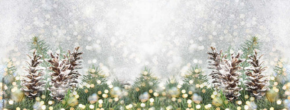 Pinecones and fir tree on sparkling background.