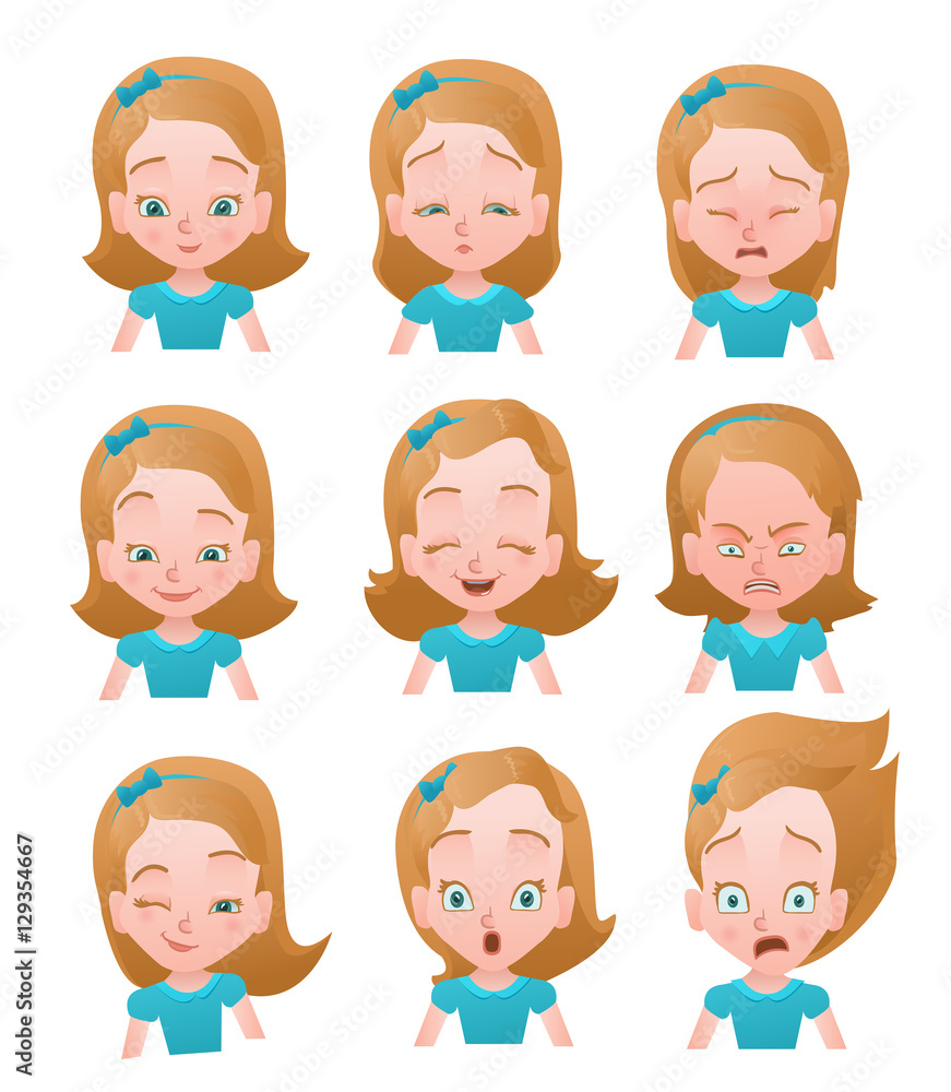 Girl emotions vector set.Emotion faces icons. Female emoji set. Stock ...