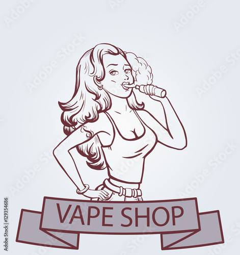 Vape shop logo. Beautiful girl with electronic cigarette. Vape shop banner, concept. Vector illustration