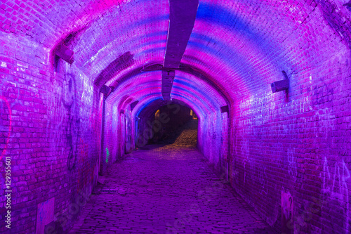 Purple and pink illuminated Ganzemarkt tunnel in Utrecht, The Netherlands © Kruwt