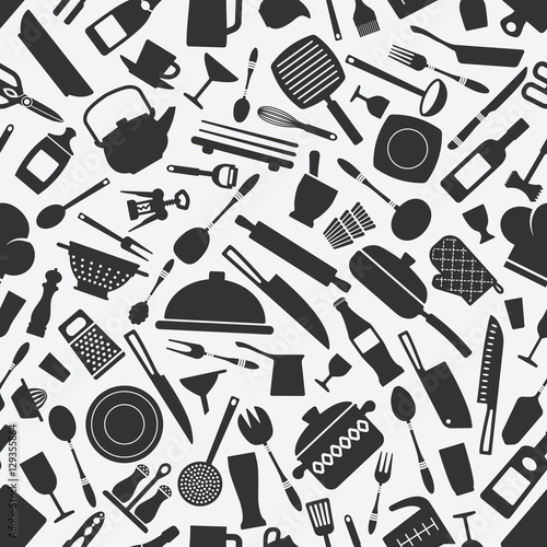 kitchen cookware monochrome seamless pattern