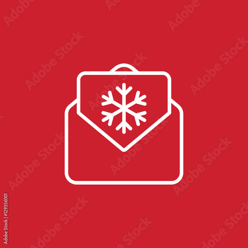 envelope email postcard card letter xmas christmas snowflake thin line outline white on red vector icon