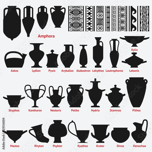 Set of antique Greek vases and border decoration seamless patterns