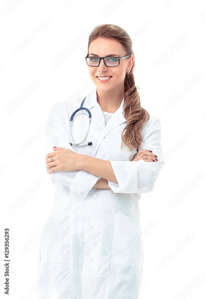 Happy female doctor smiling and folding arms isolated on white Happy female doctor smiling and folding arms isolated on white