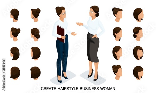 Isometric business woman set 4 3D, women's hairstyles to create a stylish business woman, fashionable hairstyle rear view isolated on a light background