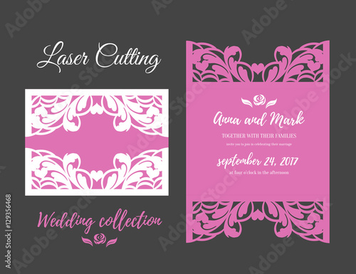 DIY Template for laser cutting. Open card. The front and rear side. vector can be used as an envelope. Wedding die cut invitation . Cutout silhouette    mockup